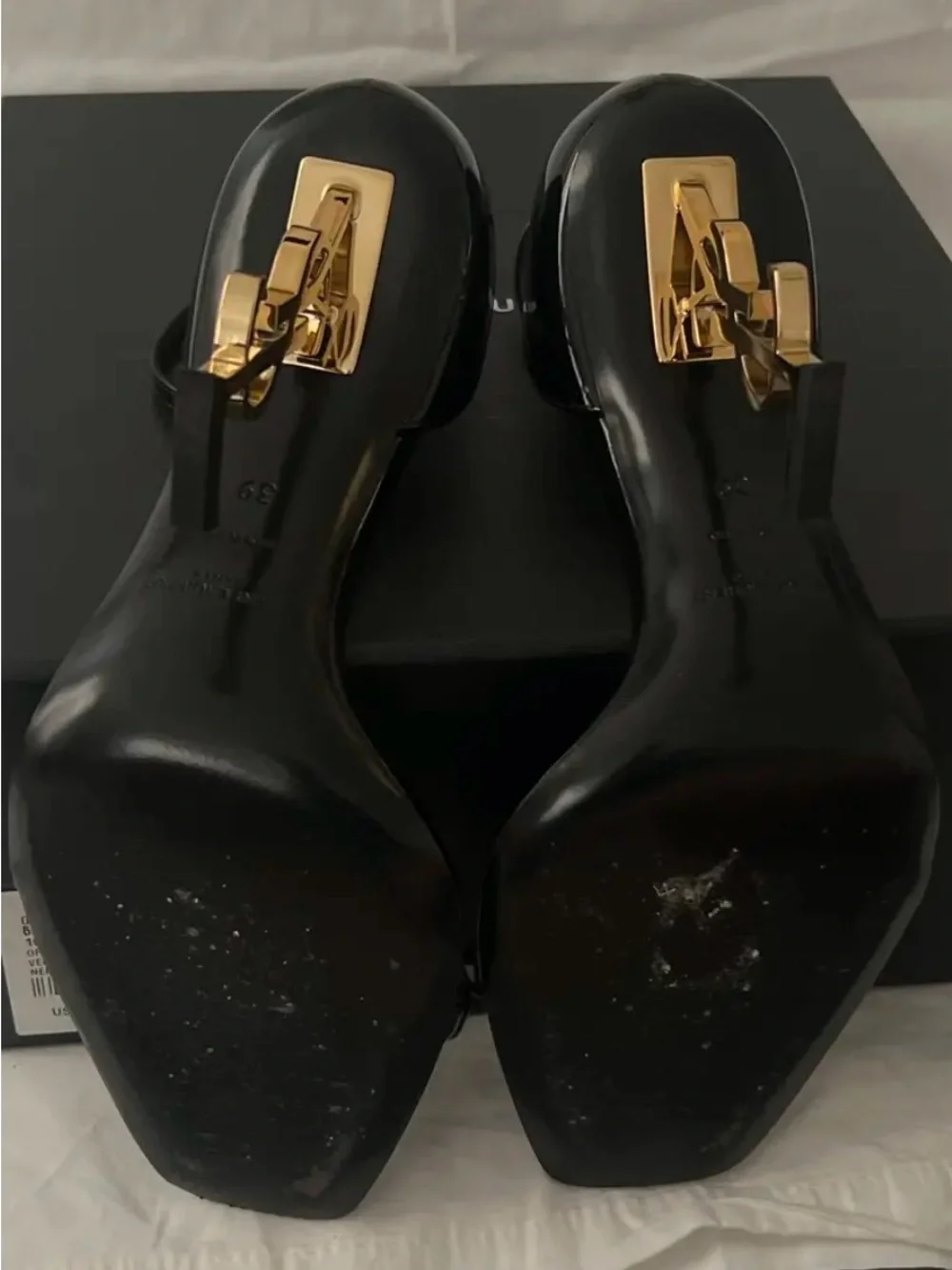 Saint Laurent Black Patent Opyum Logo-Heel Sandals - Picture 3 of 5